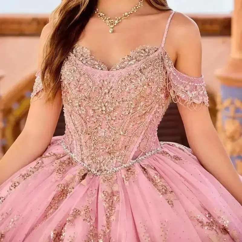 Rose Pink Quinceanera Dress Spaghetti Applique Crystal Beads Corset Ball Gown Sweet 16 Dress Vestidos De XV Anos