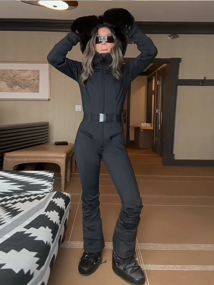 Women Hooded Skiing Jumpsuits Faux Fur Patchwork Hat Zippers Pocket With Belt High Waist Romper 2026 Winter Fashion Black Romper