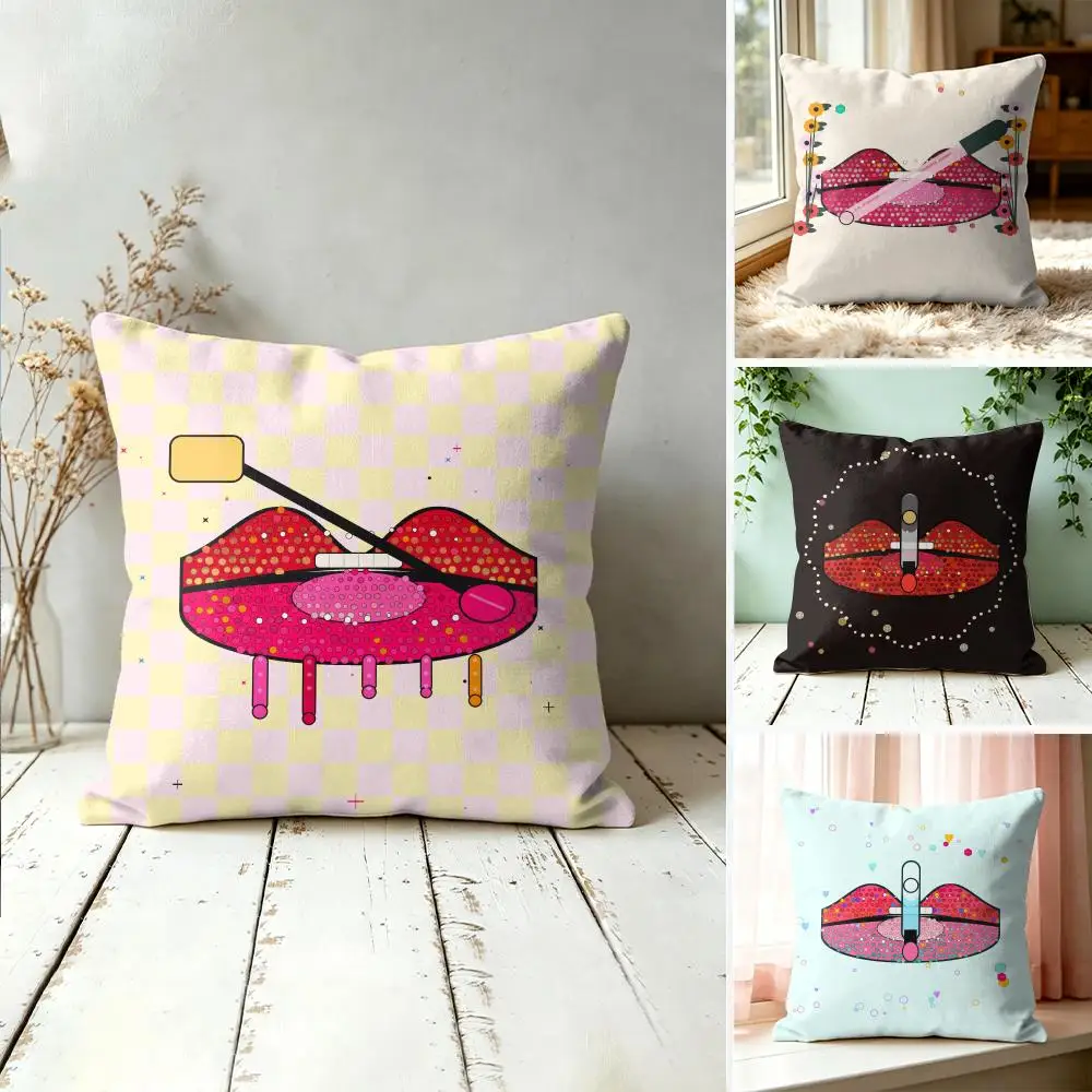 Beaded Lips Pop Art Cushion Cover Double-Sided Plush Sofa Cushion Covers Organic Breathable Invisible Zipper
