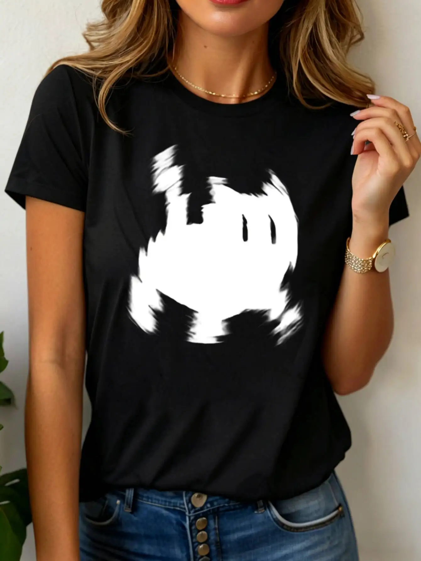 Casual Women's T-Shirt Abstract White cat Graphic Print Round Neck Short Sleeve Four Seasons Comfortable For Daily tops