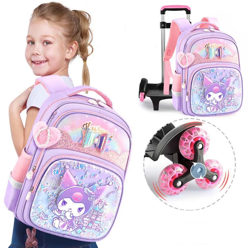 Miniso Cinnamoroll Schoolgirl Trolley Schoolbag Pupil Cartoon Wheeled Backpack Elementary Student Pull Rod School Bag Girls Gift