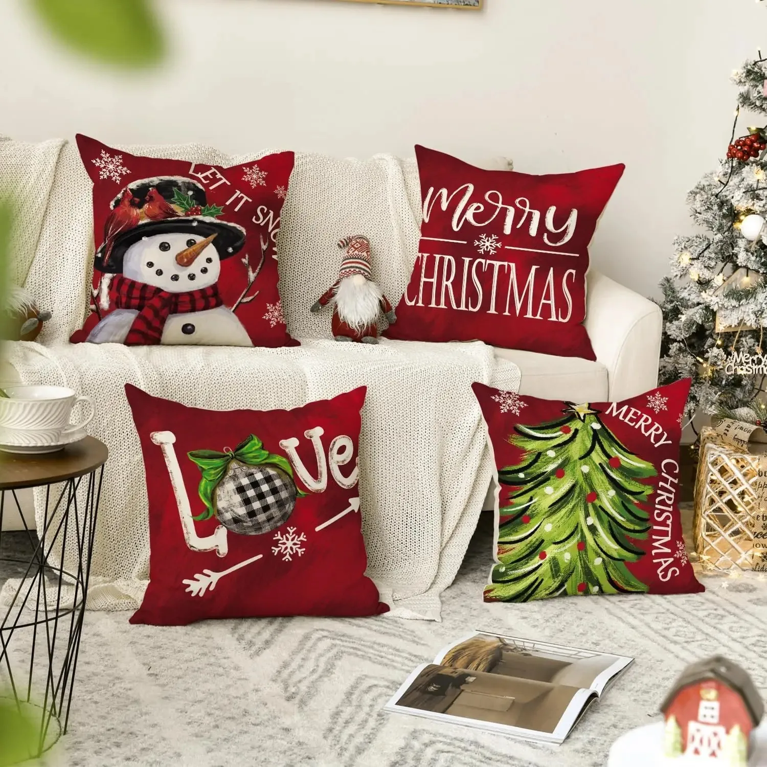 Merry Christmas Let It Snow Joy Stripes Gift Box Red Throw Pillow Covers,Xmas Tree Holiday Cushion Couch Set of 4