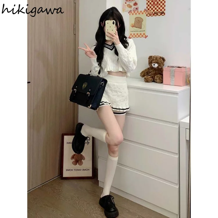 Knitted Outfits Fashion Two Piece Sets Women Clothing V-neck Cropped Pullovers Bodycon Mini Skirt Suit Casual Sweet Y2k Set