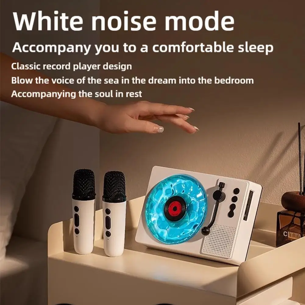 Retro-Style Vinyl Record Player with Karaoke Speaker - Dynamic Water Ripple RGB Light, Microphone, and White Noise Sleep