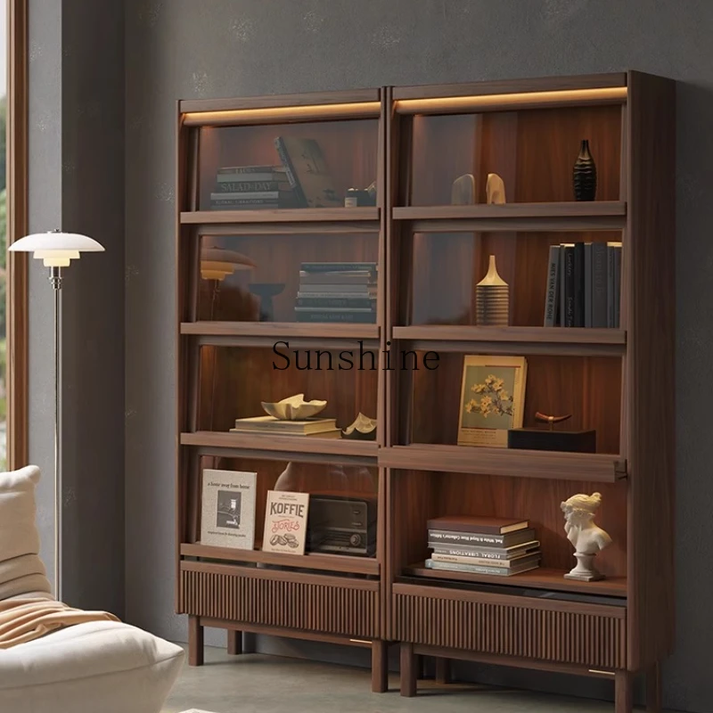 

Solid wood bookcase with glass door locker integrated North American black walnut simple