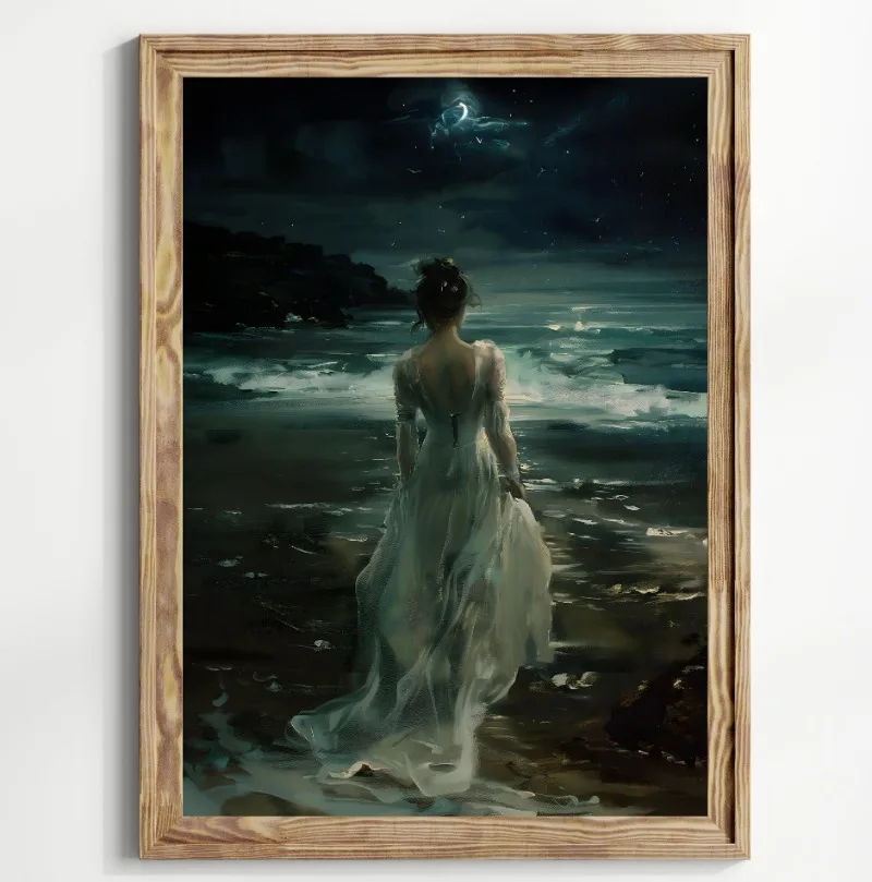 Ophelia Dark Academia Goth Moody Victorian Woman Lake Lotus  Poster Canvas Painting Print Wall Art Cottagecore Home Decor