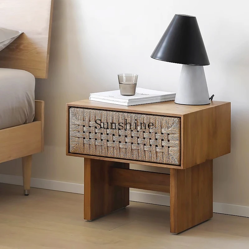Vintage wabi sandy wind braided rope drawer bedside table Nordic solid wood bedside cabinet