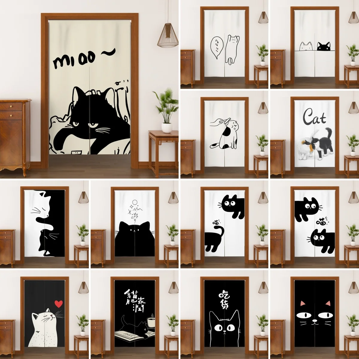 Hand Painted Cartoon Cat Japanese Door Curtain Partition Kitchen Living Room Entryway Cabinet Curtain Bathroom Doorway Decor
