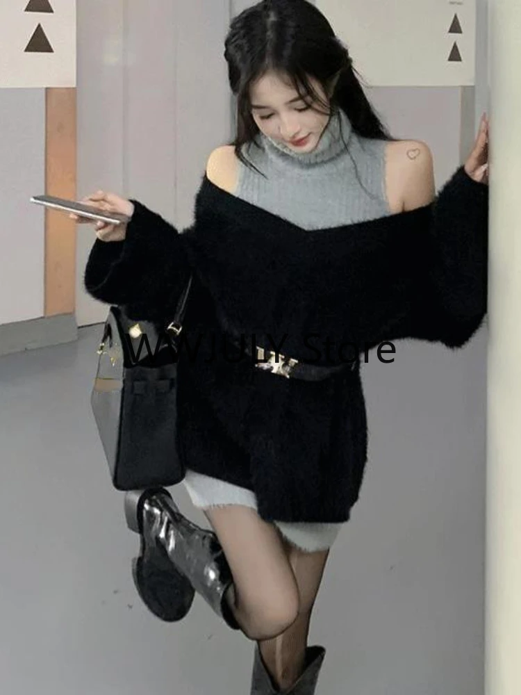 2023 Autumn Elegant Knitted Suit Woman Black Sweater Tops Slim Bodycon Sleeveless Dress Casual Y2k Mini Dress Korean Fashion Set