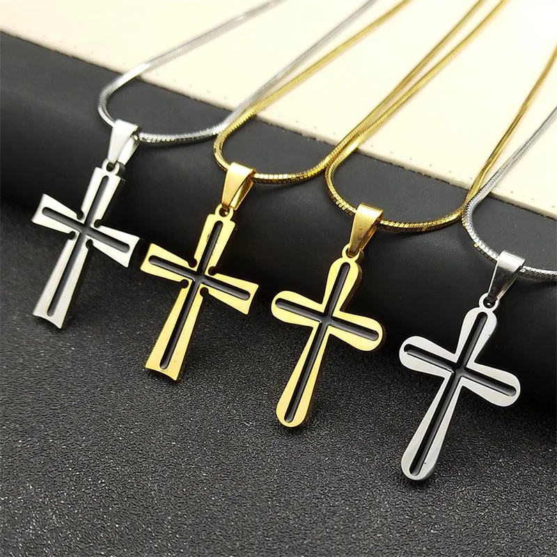 Stainless Steel Black Drip Glue Necklace Flame Retro Cross Titanium Steel Casting Men Pendant Sweater Chain