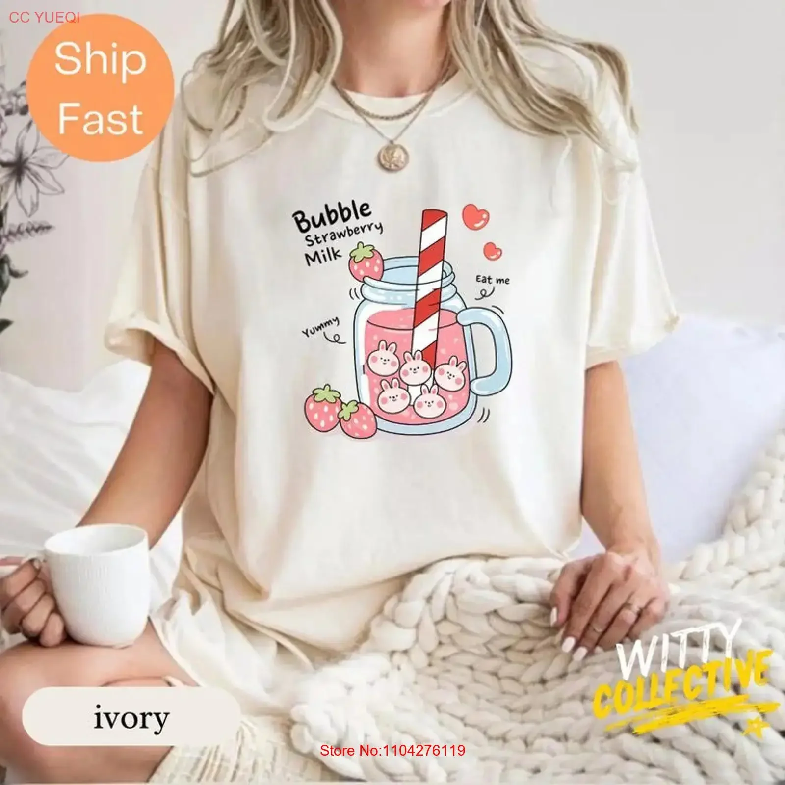 NEW Strawberry Bubble Milk T Shirt Kawaii Bunny Boba S 5XL vintage Washed Breathable Stretched Versatile designer clothes