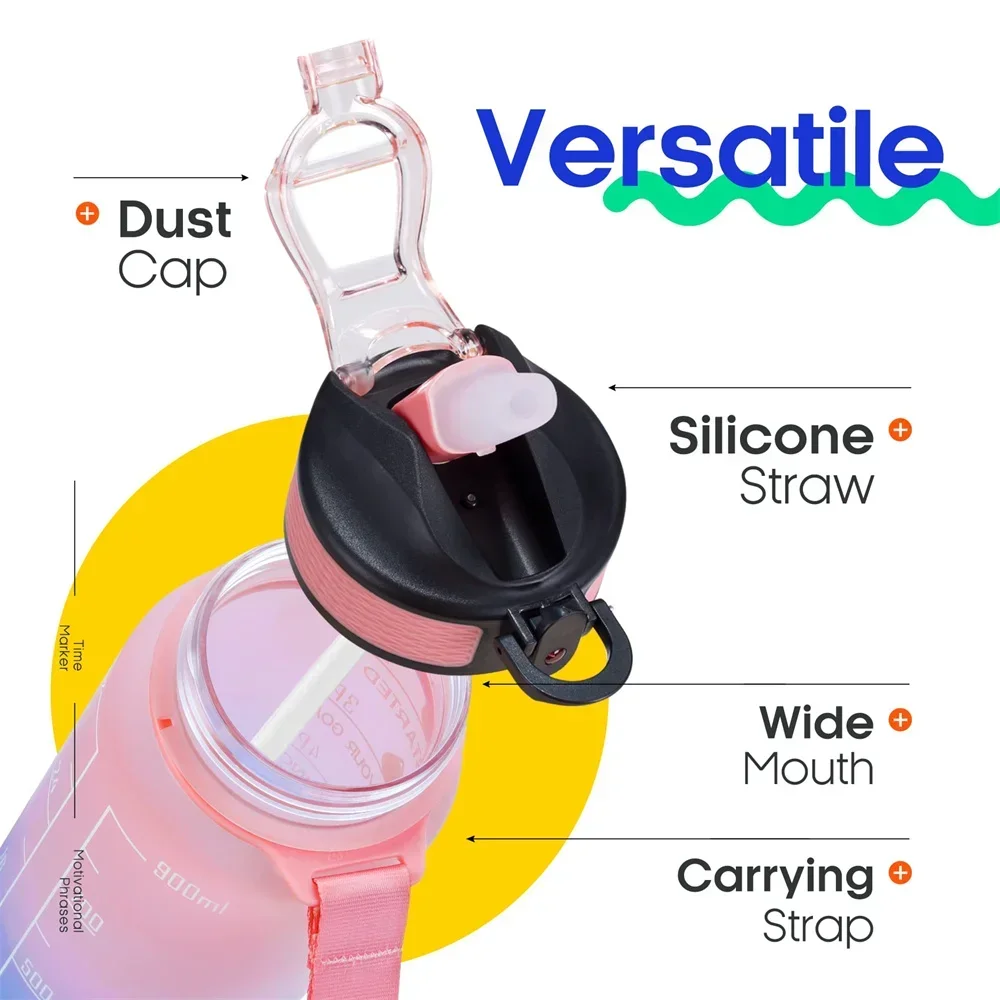 900ml Sports Bottle with Time Scale Outdoor Gradient Color Sports Bottle Portable Fitness Motivational Straw Mug