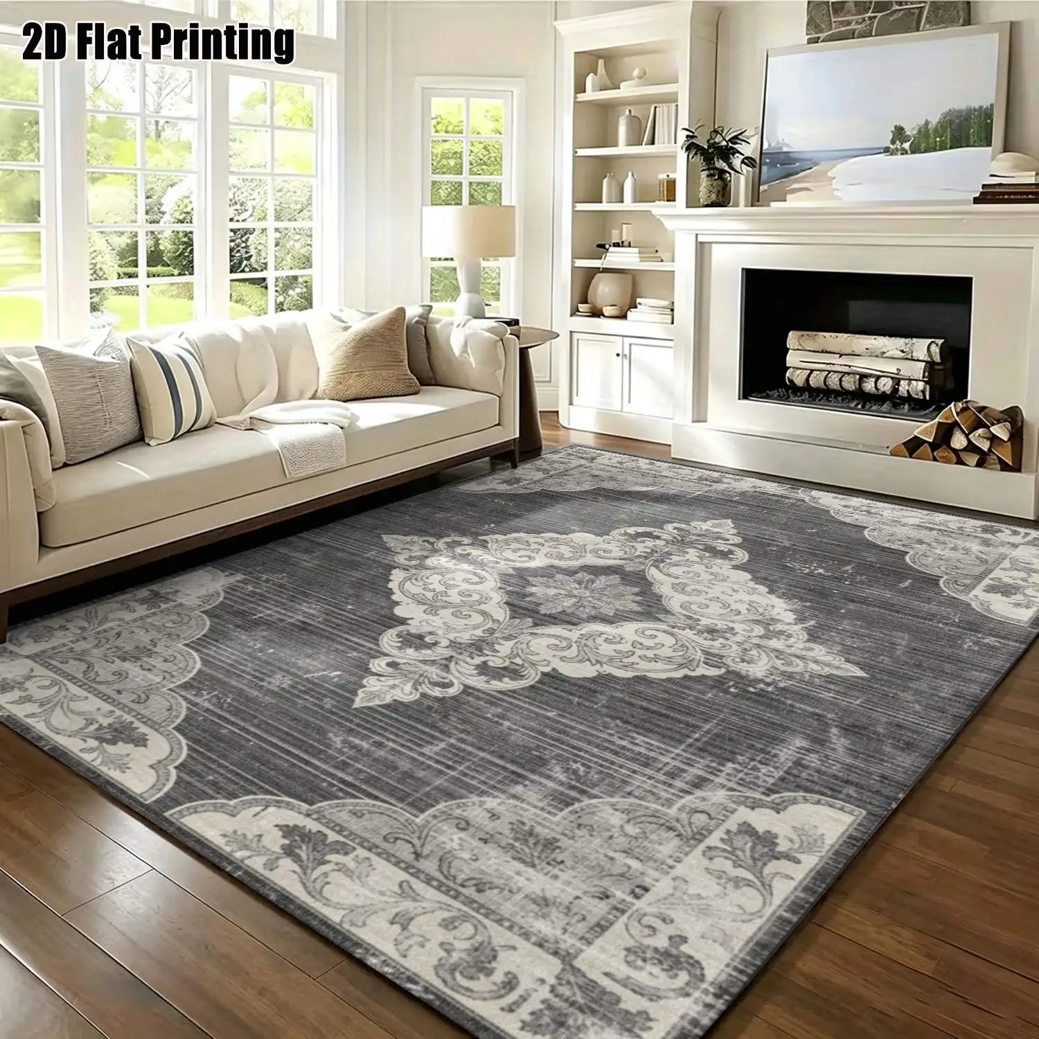 1Pc 2D Printed Carpet: Gray Base, White Patterns, Vintage/European/Bohemian Geometric Style, Home Decor, Multiple Sizes, Machine Washable, Suitable for Entrance/Dining Room/Foyer/Bedroom/Living Room