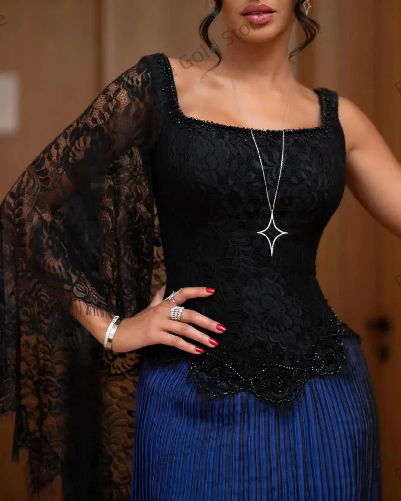 Moda sereia vestido de noite feminino azul o pescoço formal vestido de gala personalizado manga cheia babados árabe vestido de baile