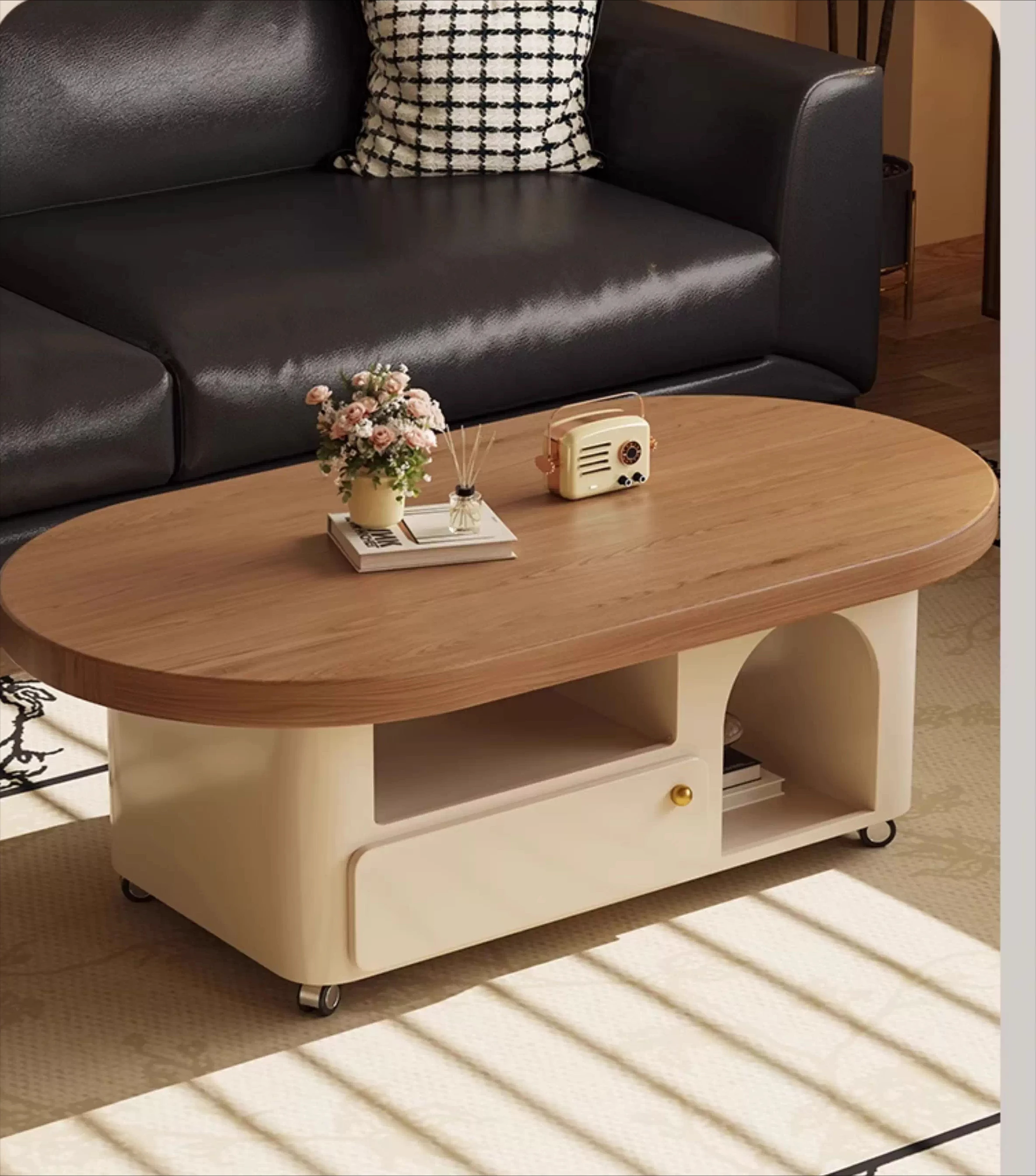 

Mid-Century Cream-Style Solid Wood Coffee Table For Living Room, Compact, High-Grade Oval Shape, With Wheels For Movability