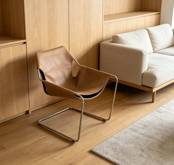 #Premium Brown Leather Accent Chair, Ergonomic Slingshot Design with Sturdy Chrome Frame, Ideal for Modern Dining Spaces