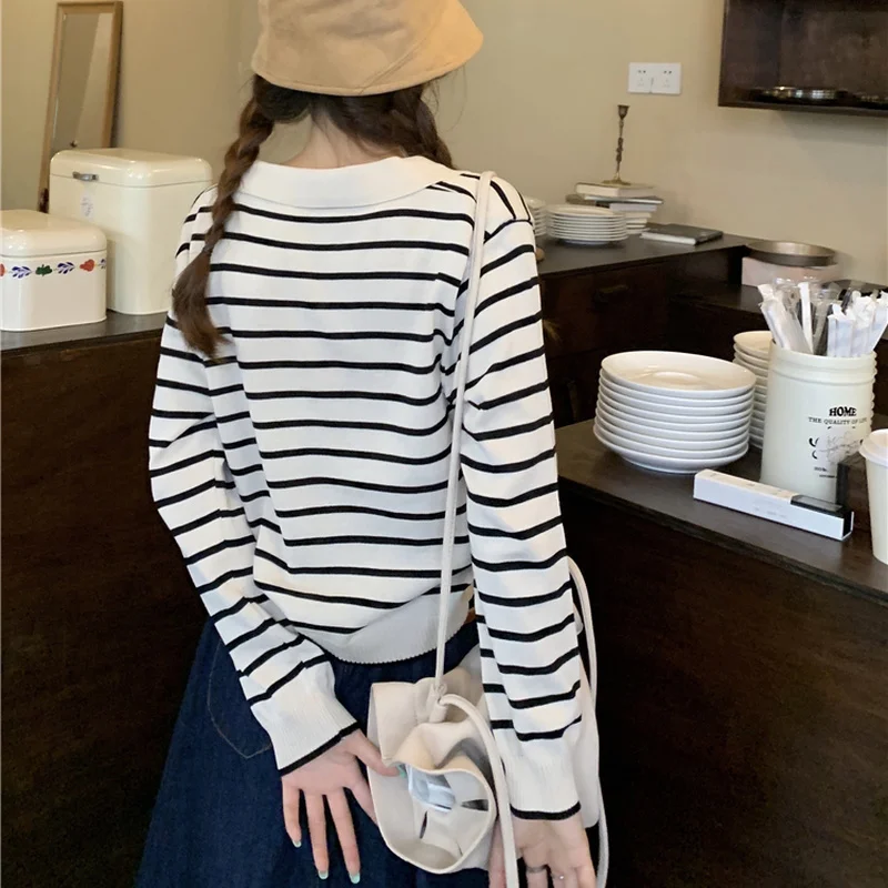 T-shirt da donna per il tempo libero allentate vintage estate nuova moda a righe elegante tutto-fiammifero femminile accogliente colletto rovesciato stile coreano chic