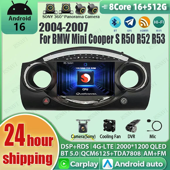 Reproductor Multimedia para Auto con Pantalla 2K y Android 16 Carplay para BMW Mini Cooper S R50 R52 R53 2004-2007, Radio Estéreo con Navegación y Bluetooth