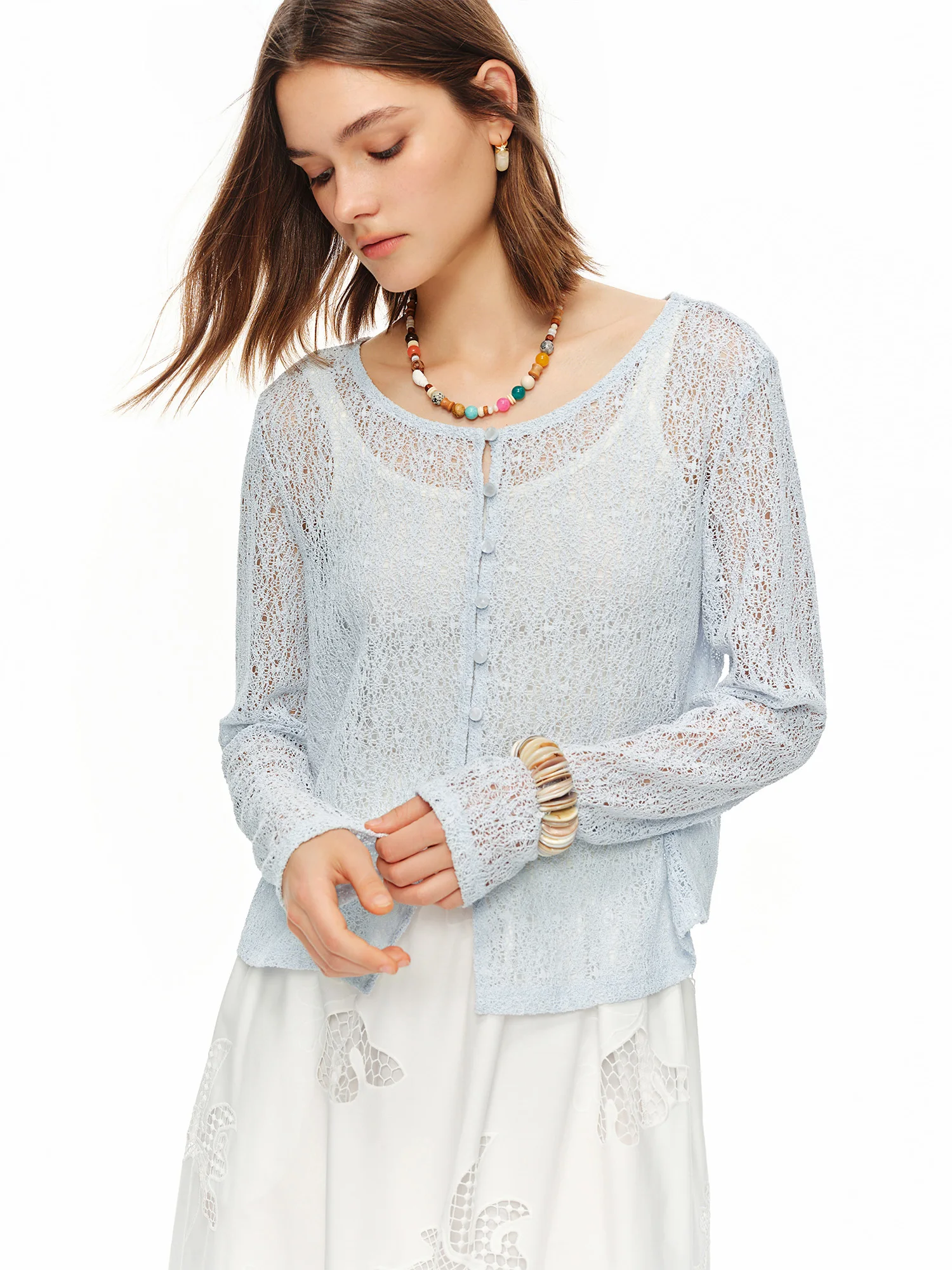 DUSHU 2026 Summer Women's Textured Beaded Button Relaxed Cardigan, Openwork Loose Knit Top for Coquette & Soft Layering Style