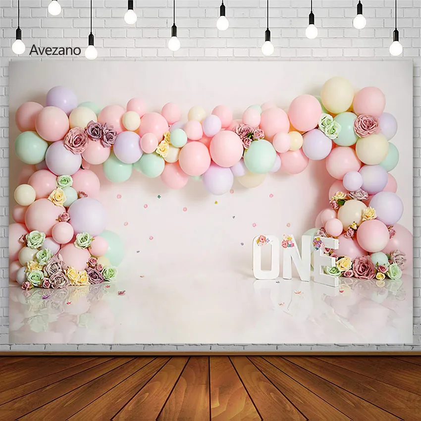 

Avezano Photography Background Pink Floral Balloon Girl 1st Portrait Birthday Decor Sweet Backdrops For Photo Studio Photozone