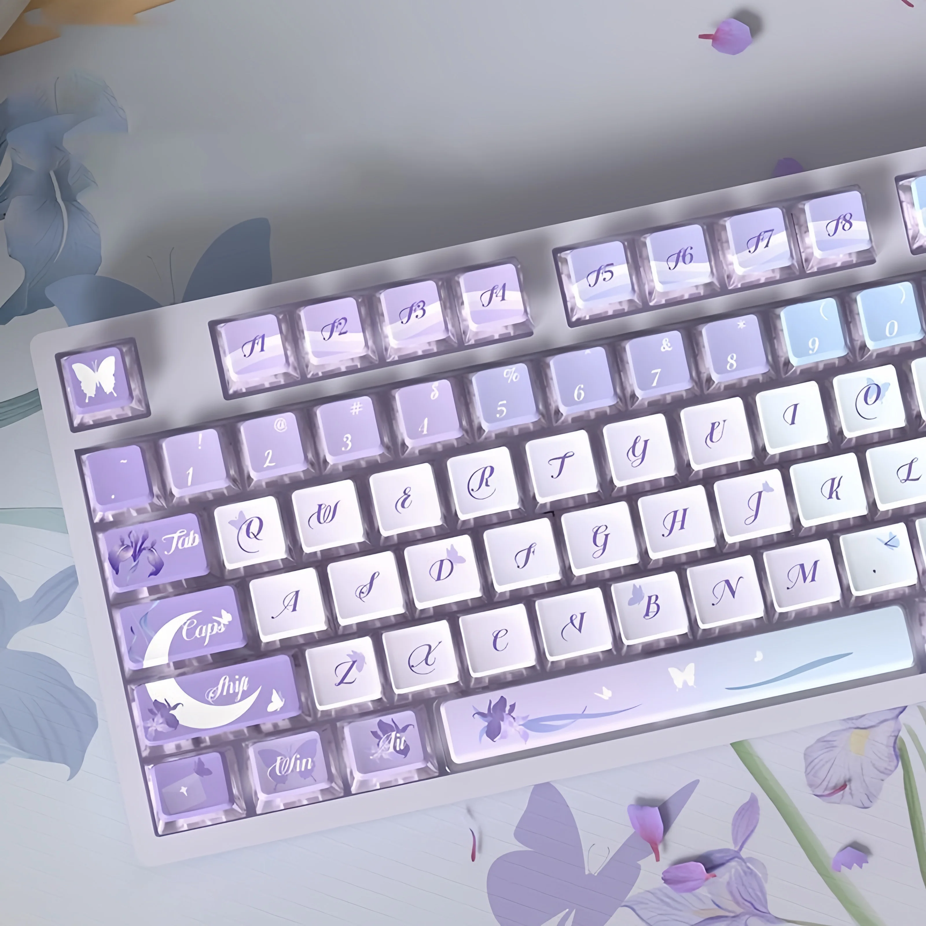 

130 Keys Iris Butterfly Themed Pudding Translucent Keycaps DYE-Sub Custom PBT PC Keycap for Cherry Gateron MX Switches Keyboards