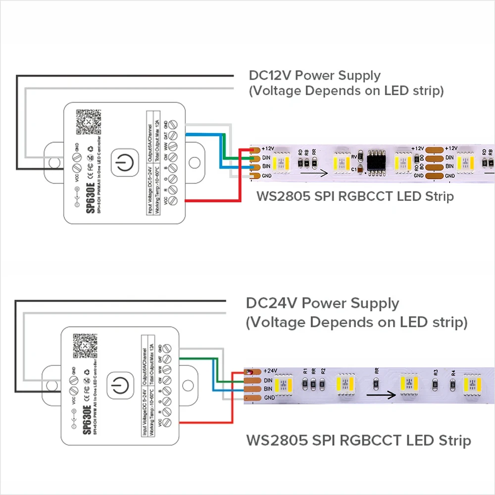 Taśma LED WS2805 Pixel RGBCCT 5w1 Adresowalna Listwa LED Dual-Signal RGB WW CW (3000K - 6500K) 12V/24V 60LEDs 1IC dla 3/6 sznurów