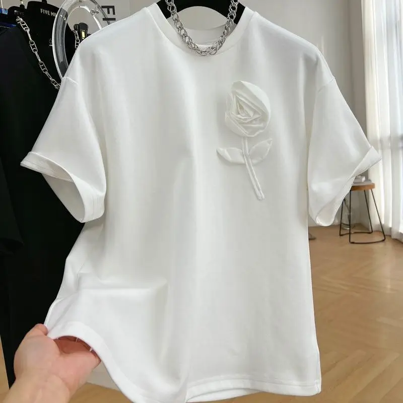 Korean Fashion T-shirt Women Summer Luxury Designer Loose Oversized Top Women Clothes Cotton Rose Short Sleeved T-shirt