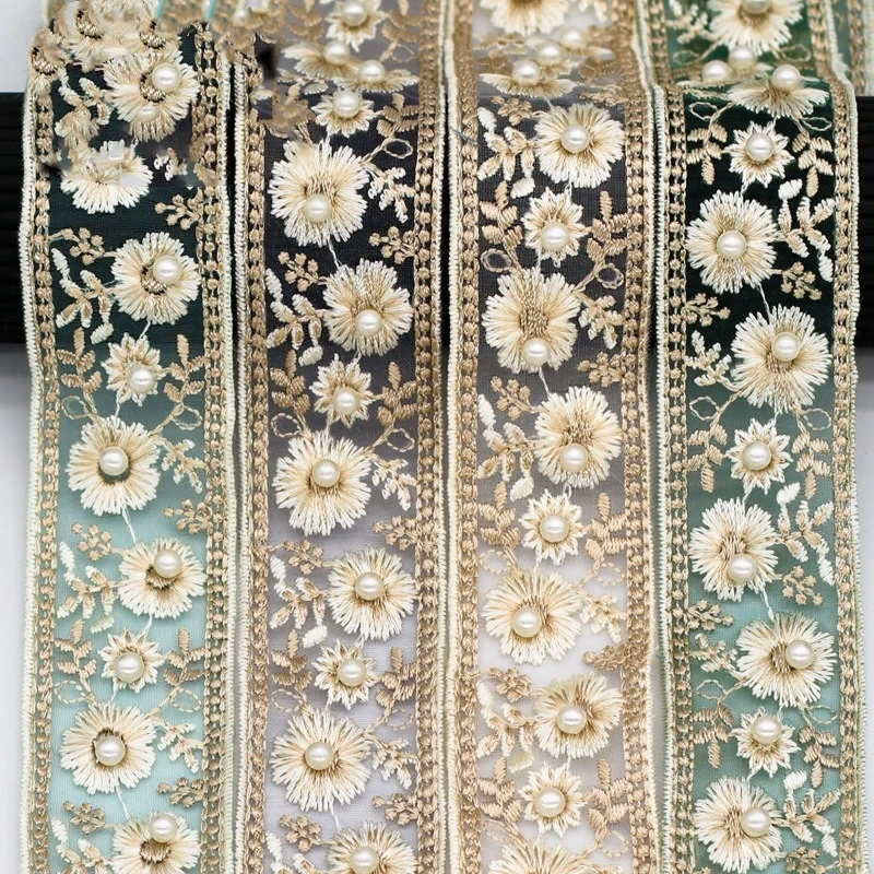 1 Yards Embroidery Lace Trim Pearl Beaded Ribbon Garment Wedding Dress Decor Trimming DIY Accessory