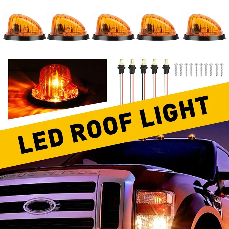 5Pcs Roof Cab Marker Lights Amber LED Clearance Lights w/ Base For 1973-1987 Chevy C/K Pickup GMC Truck 12V Waterproof