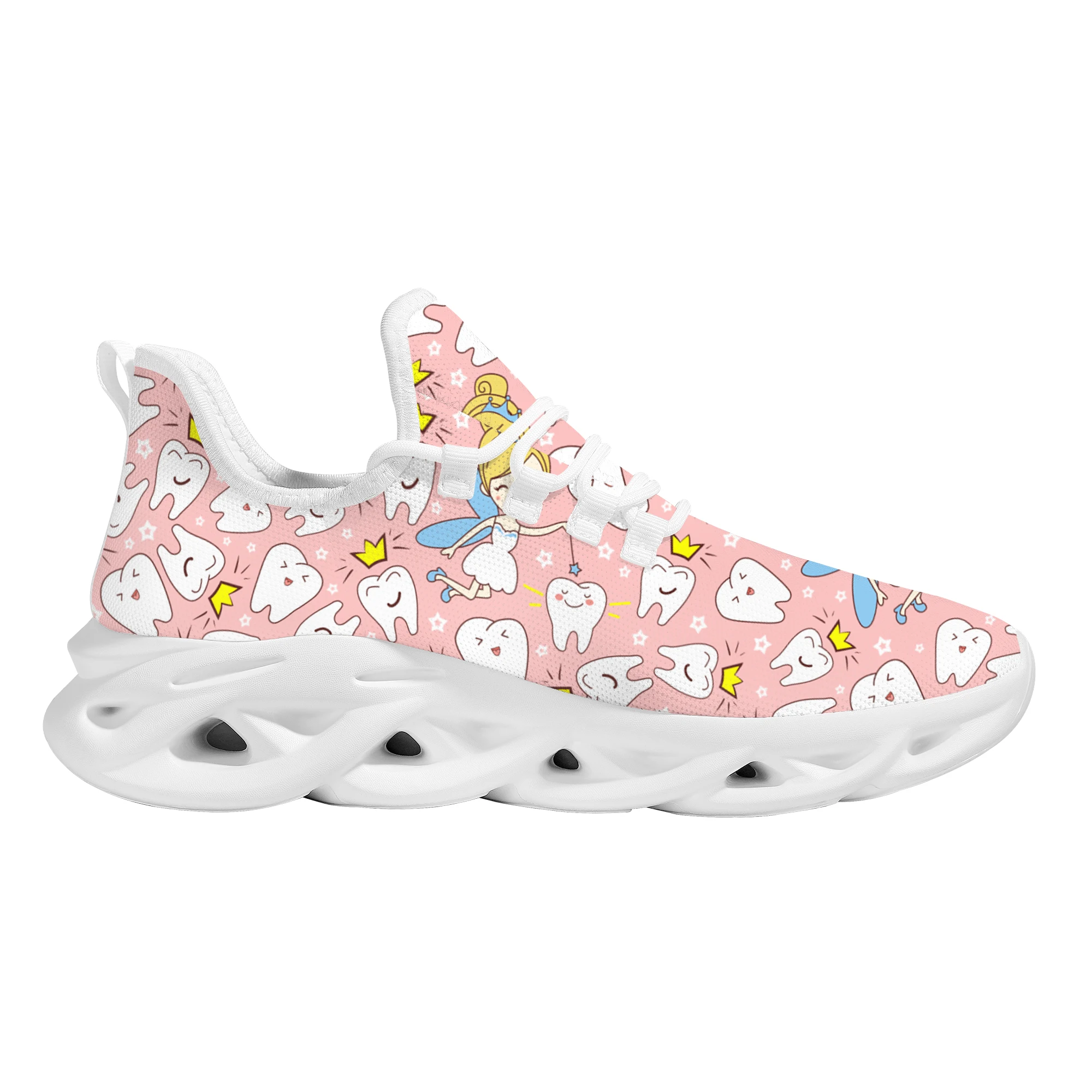 Pink Crown Teeth Angel Print Mesh Flat Shoes Casual Outdoor Street Trend Lace-up Sneakers Light Non-slip Adult Running Shoes