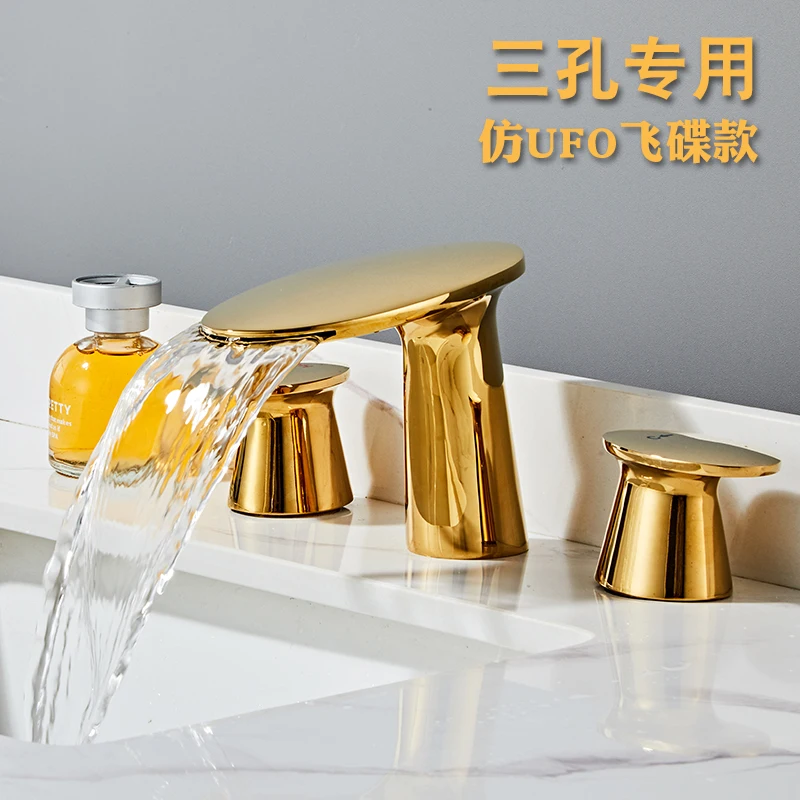 Creative split three-hole basin faucet Hot and cold double handle adjust bathroom cabinet sink faucet waterfall all copper