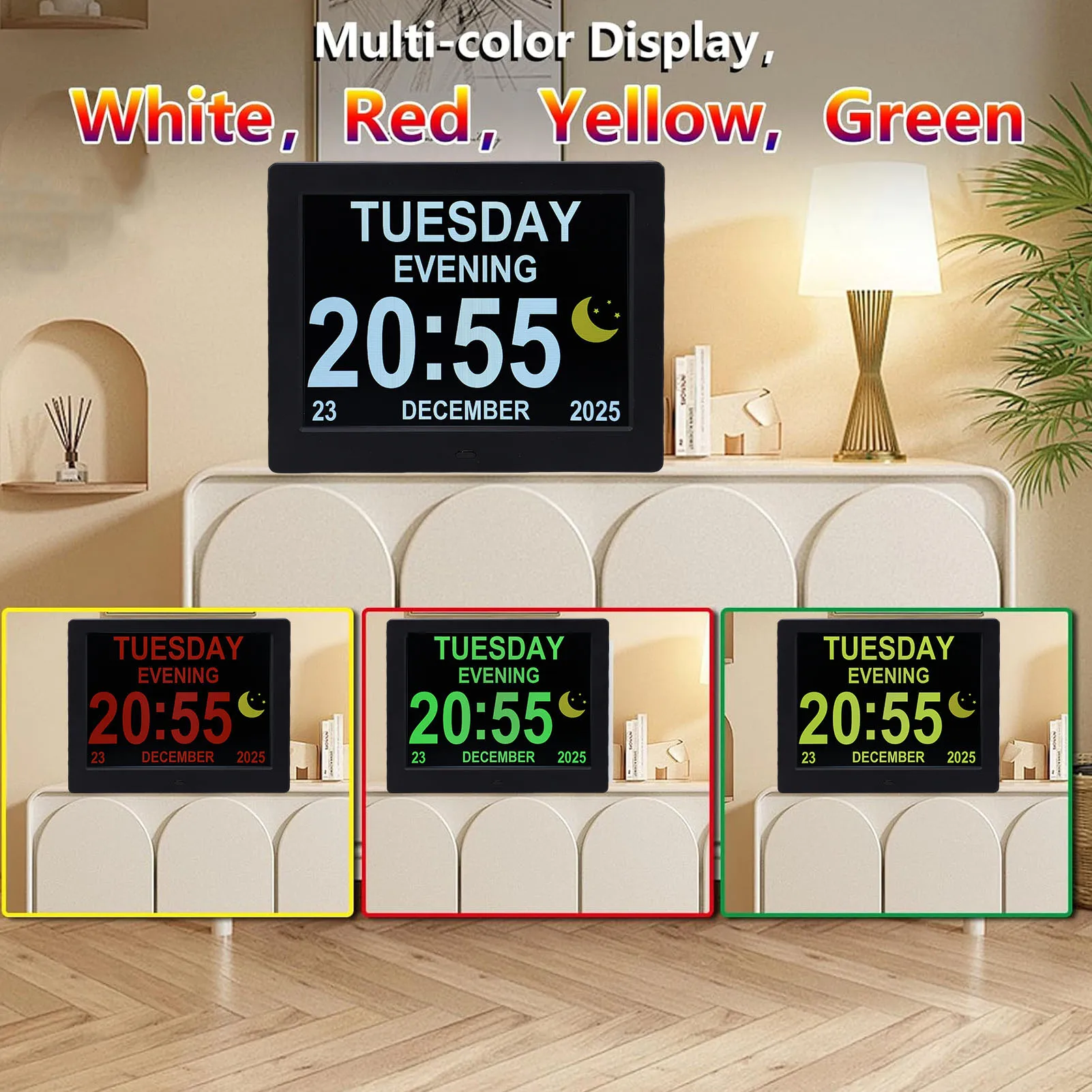 

8-дюймовый цифровой календарь-будильник, дисплей времени, даты, изображения, воспроизведения видео, автоматическая регулировка яркости, цифровые часы с пультом дистанционного управления