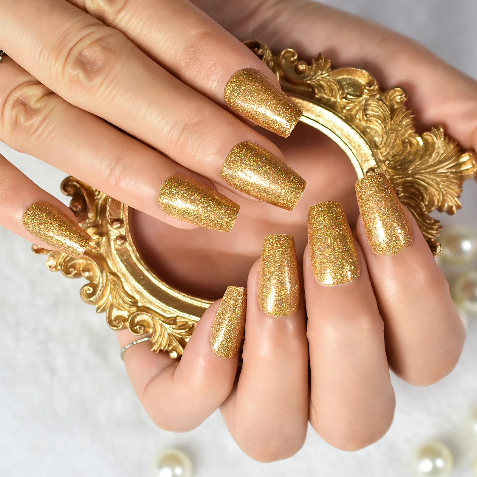 24szt Golden Glitter Press On False Nails Średniej długości trumny wielokrotnego użytku Akrylowe tipsy do paznokci Fałszywe paznokcie Faux Ongles