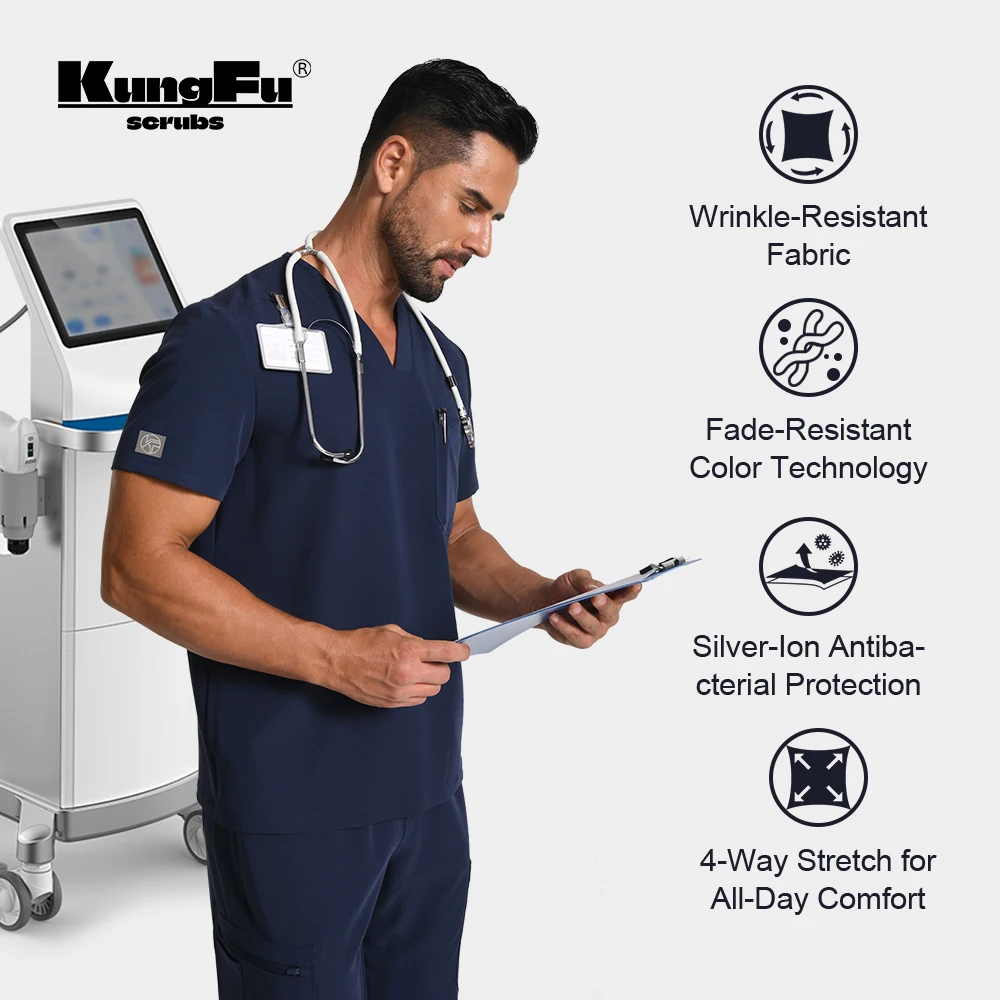 

KUNGFU SCRUBS Medical Scrub for Man Wrinkle-resistant Jogging Set Antibacterial Silver Ion Nursing Uniform for Nurse and Doctor