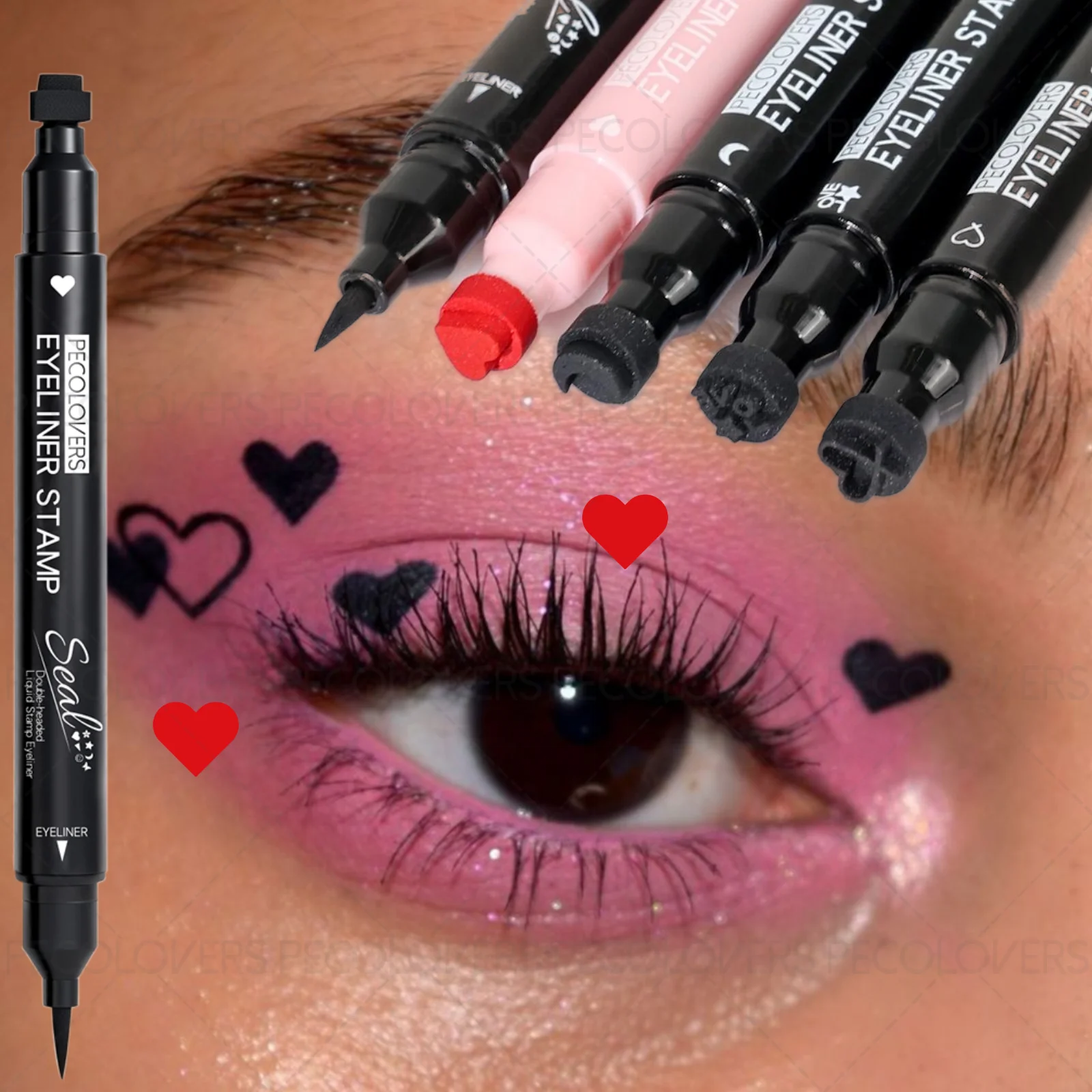 1 Stück doppelseitiger flüssiger Eyeliner-Stift mit Siegel, wischfest und mit einer Vielzahl von Mustern (Sterne, Herzen, Monde usw.)