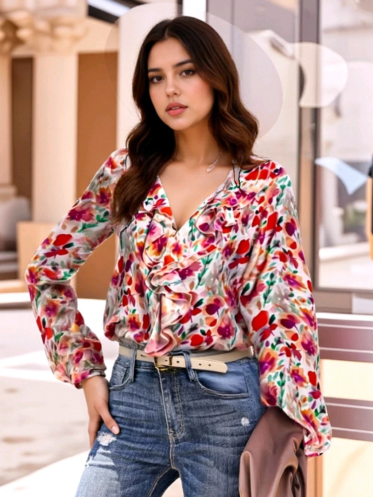 

New V-neck Ruffled Printed Blouse Women 2025 Spring/Summer Loose Sweet Fashion Top Casual Long Sleeve Floral Office Lady Shirt
