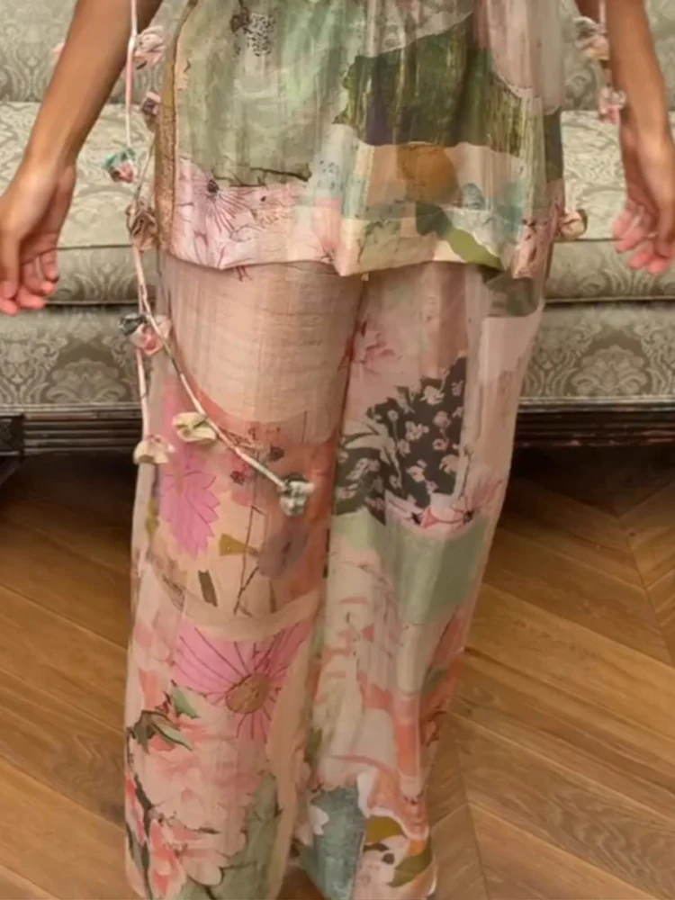 3D-Blumenbedruckte Spitzen-Oberteile mit Schnürung und Hosenanzüge für Damen, sexy ärmellose, rückenfreie, schmale Oberteile, weit geschnittene Hosen, charmante Damen-Outfits, neu – Detail 2