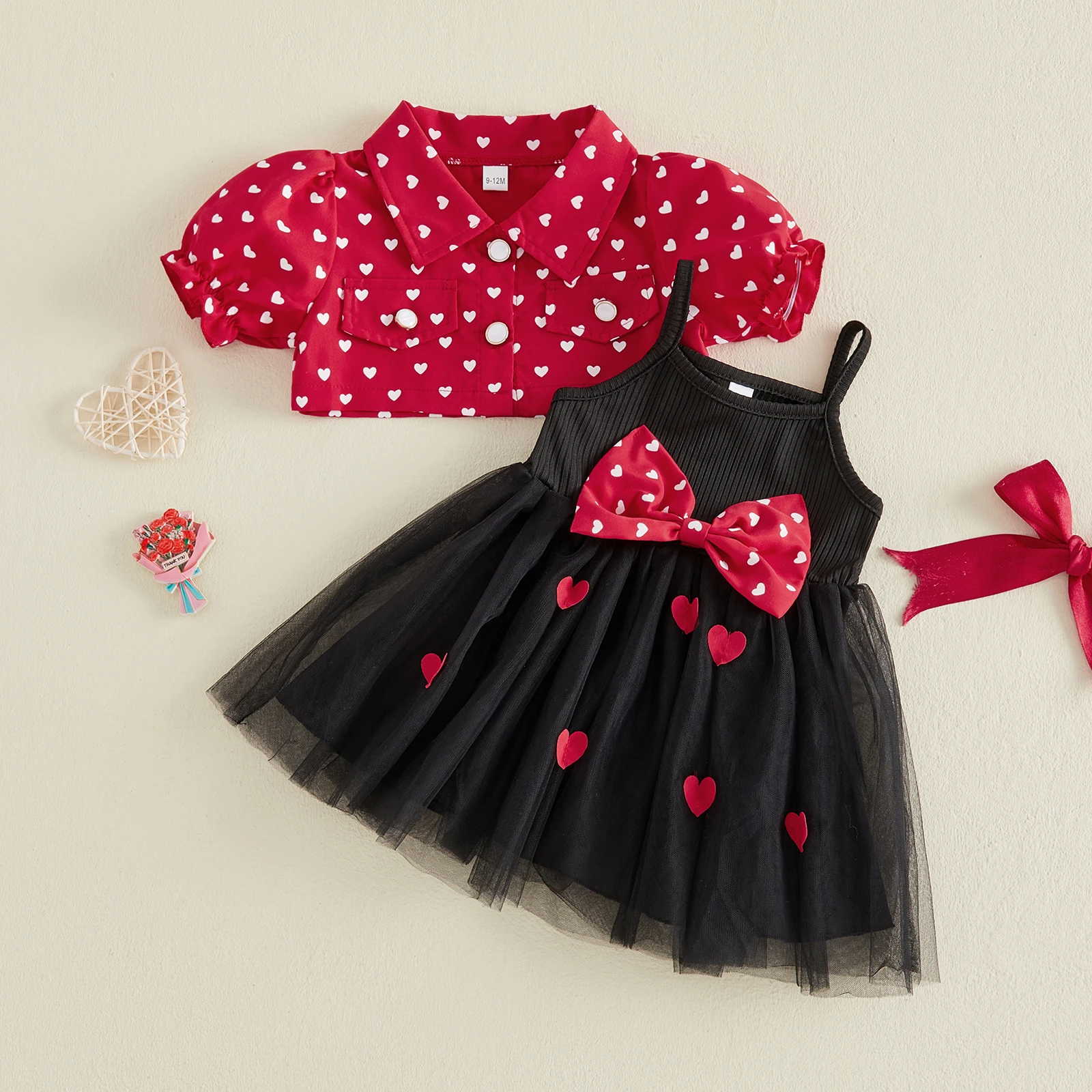 1-5Years Toddler Girls 2 Piece Set Heart Print Short Sleeve Button Down Shirt and Tulle Cami Dress with Bow Fashion Outfits