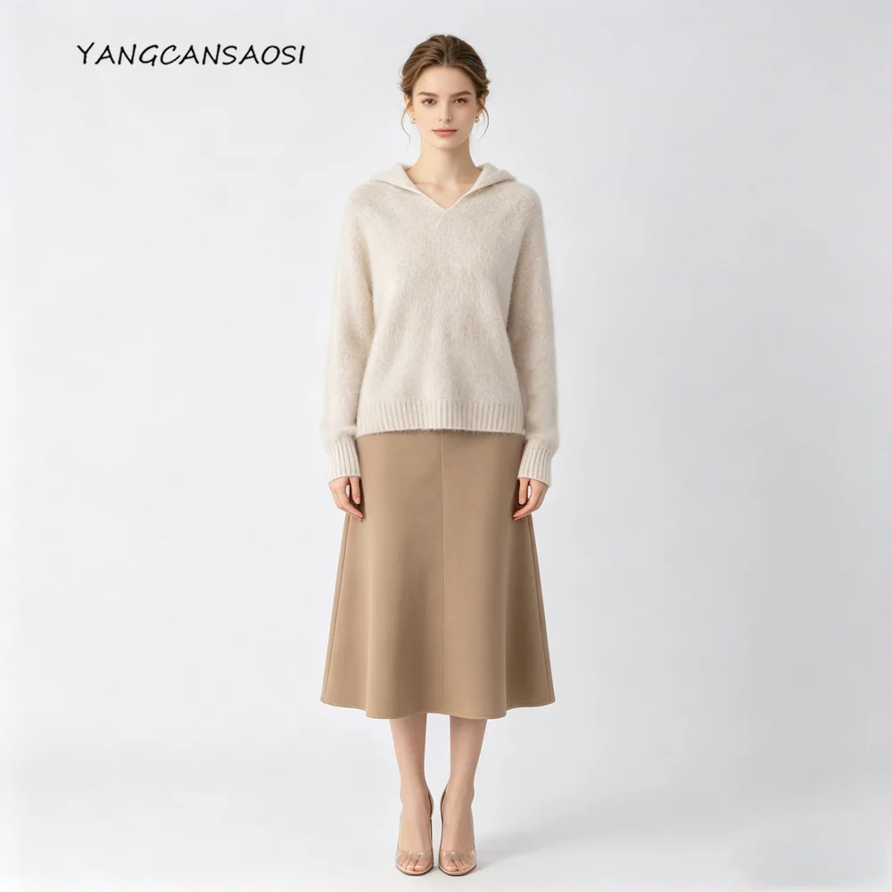 2026 Women's Fashion Autumn New 90%Wool 5%Cashmere 5%Natural Mulberry Silk Fluffy Pulling Comfortable Versatile Hooded Sweater