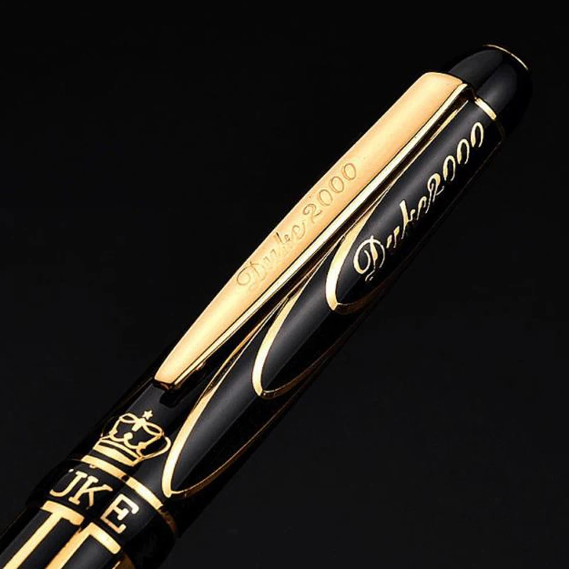 Duke Classic Pioneer 14K Gold Fountain Pen Advanced Chromed Golden & Black Lines Fine Nib & Bent Nib Business W/Gift Box