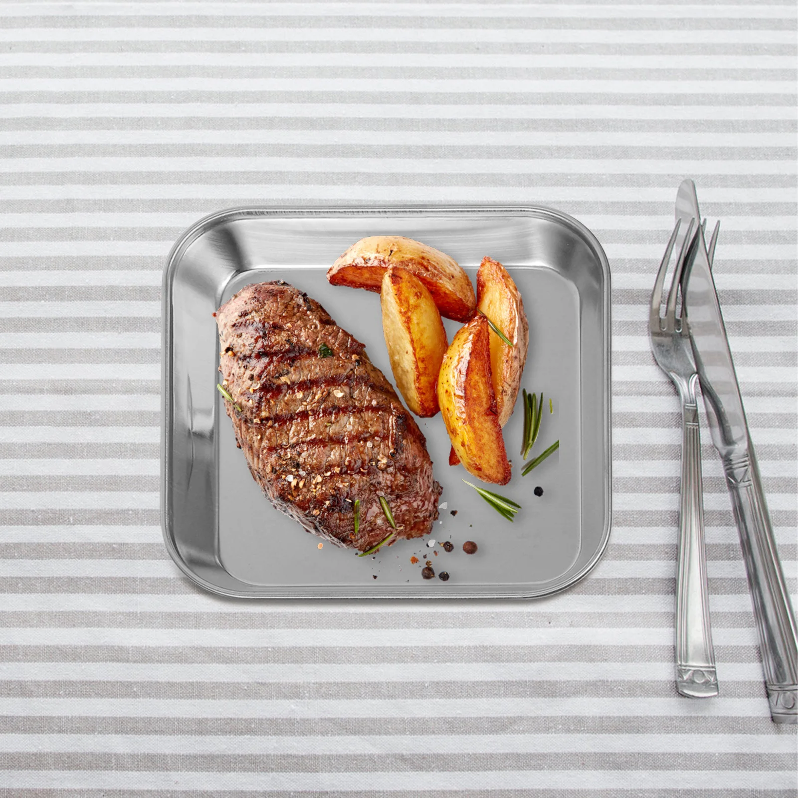 

2pcs Thickened Stainless Steel Square Baking Tray Durable Appetizer Dessert Salad Cookie Steak Platter For Kitchen Oven Use