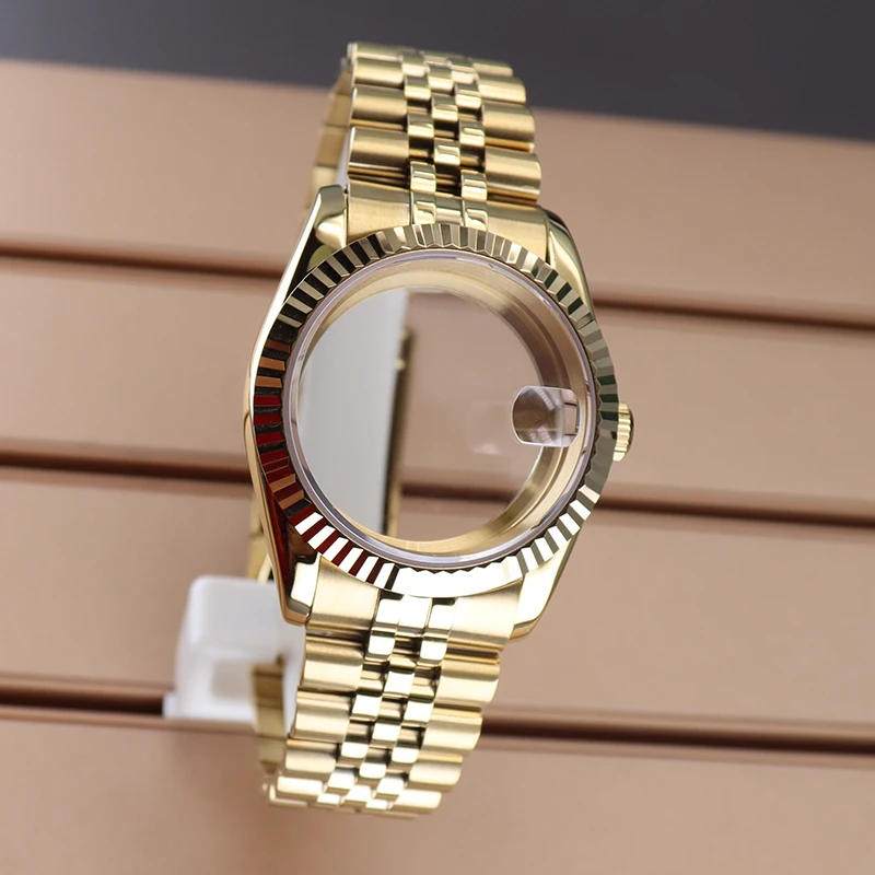 

36mm/39mm Gold pvd Fluted Watch Case 20mm Strap Sapphire For Seiko Nh35 Nh34 Nh36 Nh38 Miyota 8215 Movement 28.5mm Dial Day Date