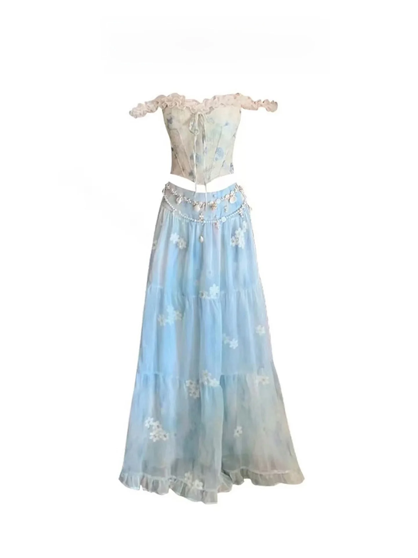 

Summer Floral Halter Top And Long Skirt Set Women's Island Vacation Fashion Sweet Style High Waist with Lace Detailing