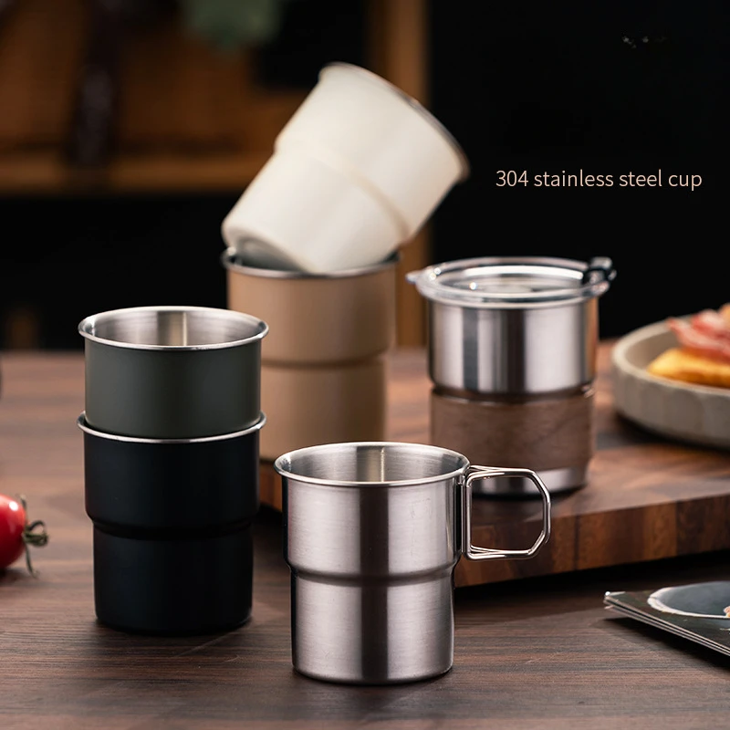 

Camping water cup 304 stainless steel outdoor tableware stepped outdoor cup folding handle coffee cup