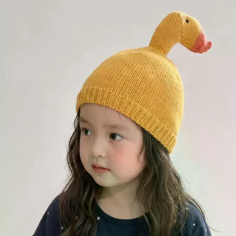 New Autumn Warm Kids Hat Cute Goose Beanie for 2-4Y Girls Boys Cartoon Animal Soft Children Hat