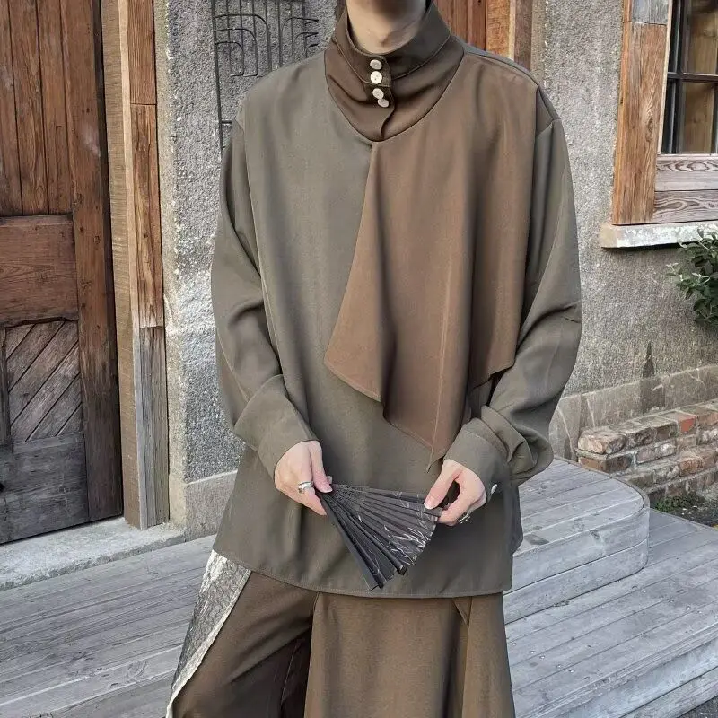 Mens New Chinese Style Shirt Stand Collar Color Block Irregular Loose Long Sleeve Casual Blouse