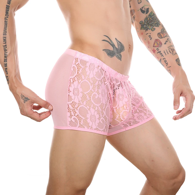 Lace Underwear Men Sexy See Through Panties Boxers Penis Pouch Long Leg Mesh Transparent Underpants Boxer Shorts  gay