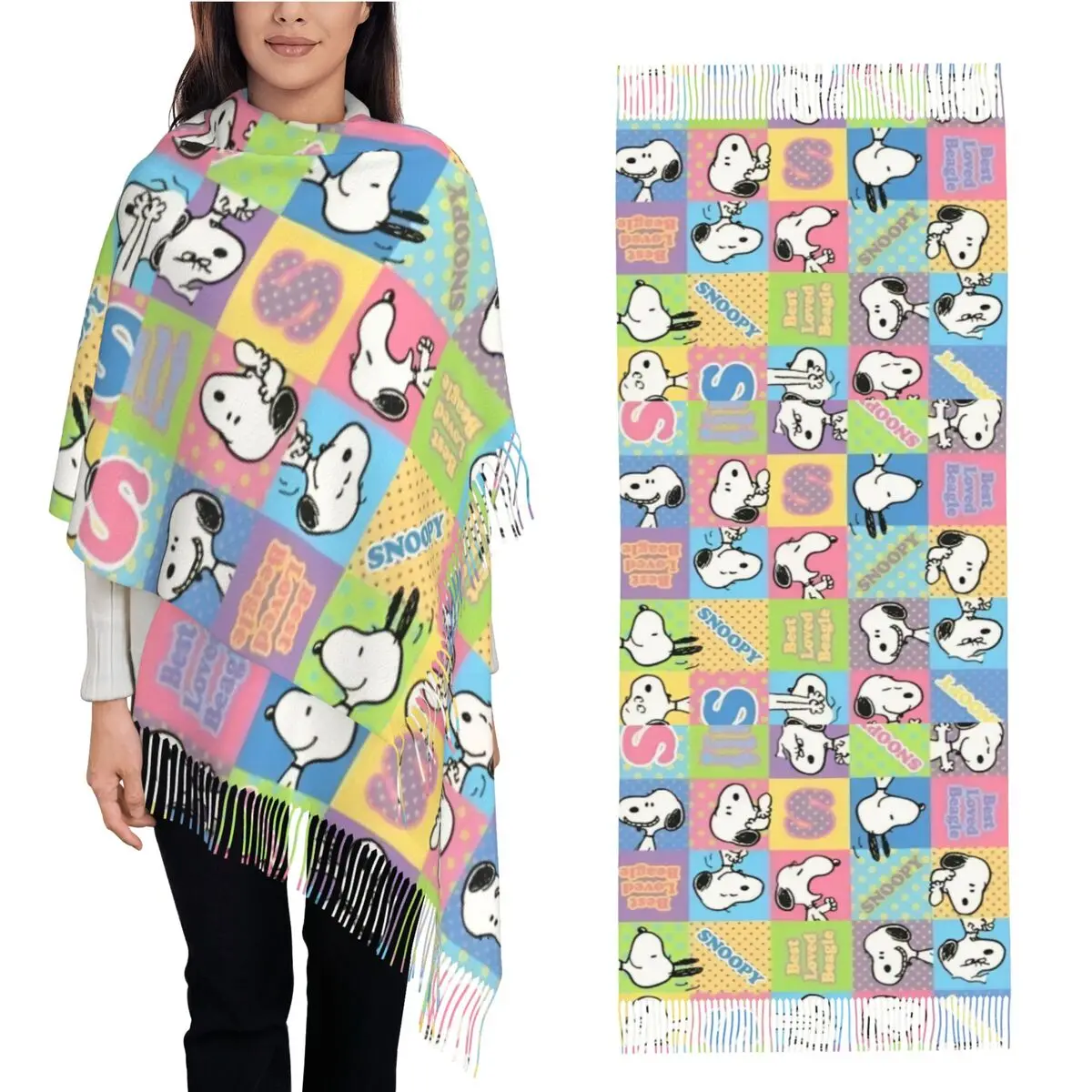 Snoopys Collage Shawls Wraps for Women Warm Large Long Scarf Cartoon Pashmina Tassel Scarves