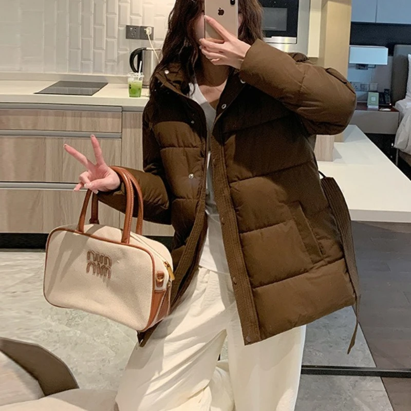 

Hooded New Waist Solid Color Winter Thickened Women's Cotton-padded Jacket Stand-up Collar High-end Short Down Cotton Jacket