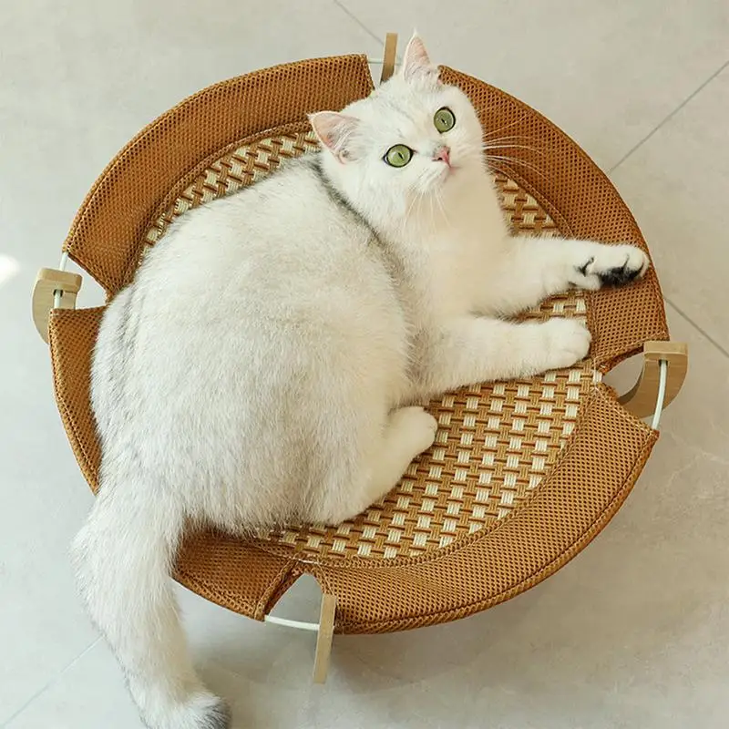 Removable Cats Bed Elevated Pet Sleeping Rattan Mat Kitten Standing Bed Raised Kennel With Wooden Base Summer Pet Supplies